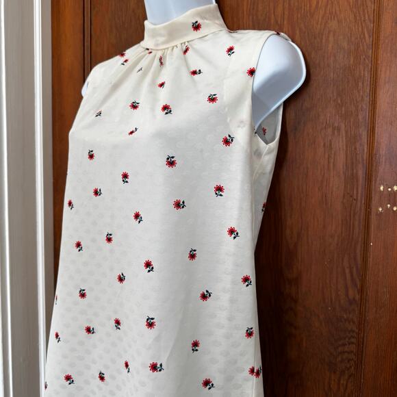 Vintage 1970s Terry Chicago Sleeveless Floral Polka Dot High Neck Blouse Small - Picture 2 of 11